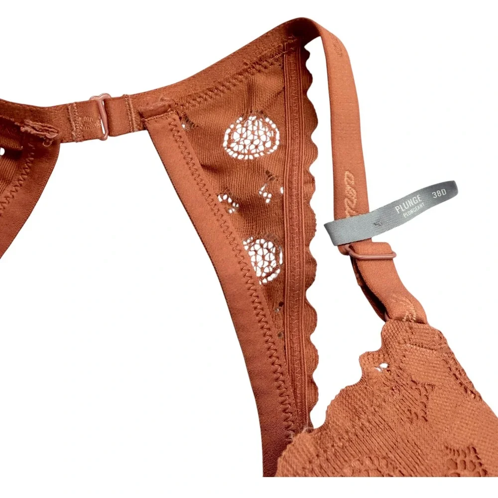 Aerie Women Terracotta Orange Floral Medallion Lace Plunge Racerback Bra 38D